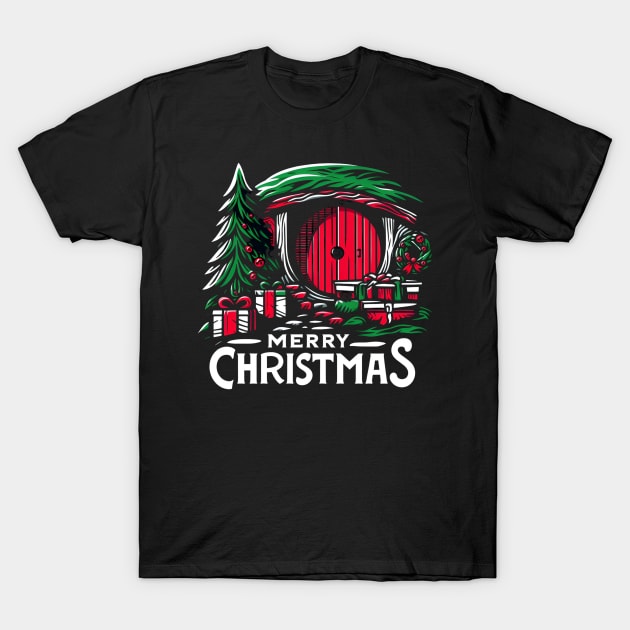 Whimsical Red Round Door on a Merry Christmas - Fantasy Christmas T-Shirt by Fenay-Designs